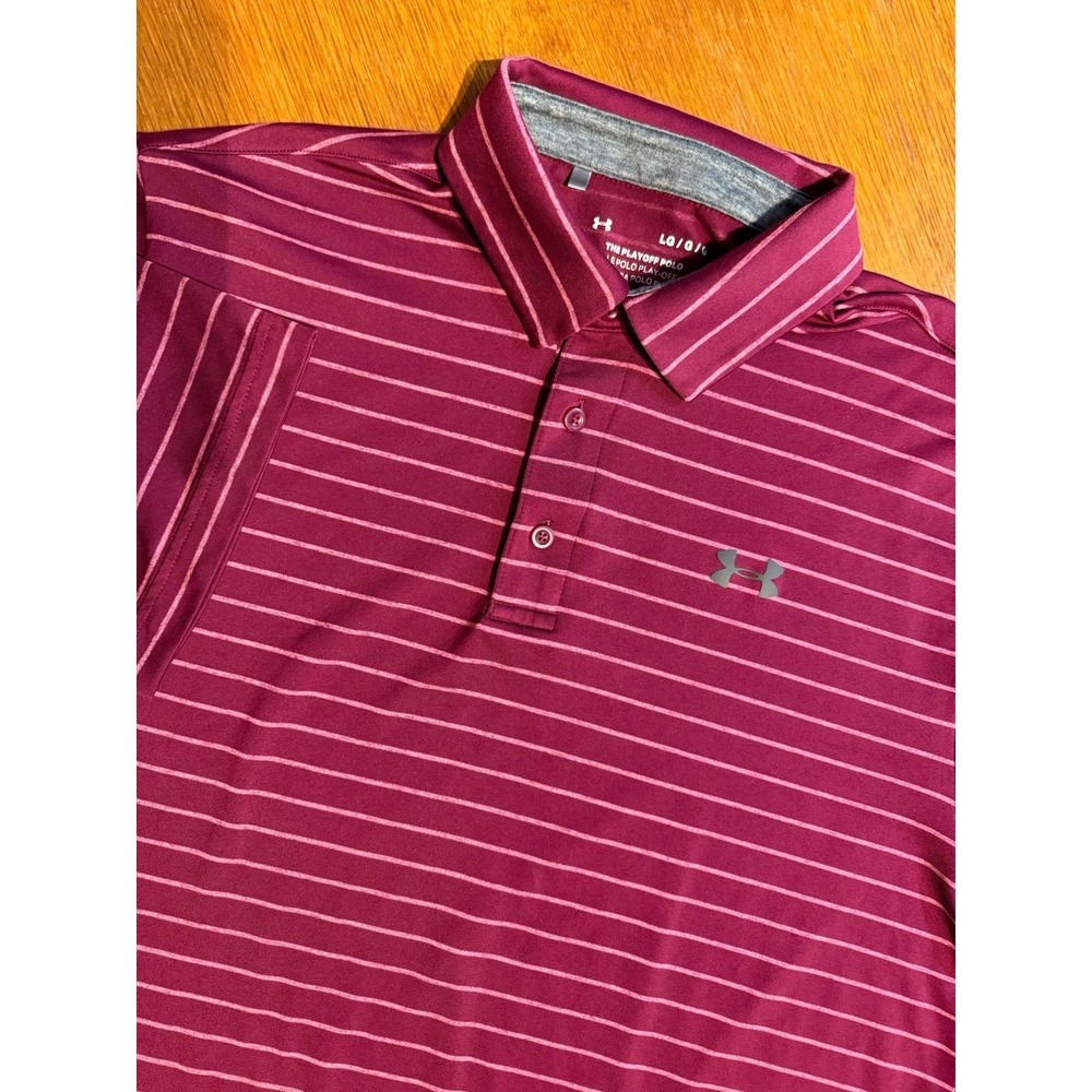 Under Armour Playoff Polo Shirt Men's LG Maroon Stripe HeatGear Golf Athletic